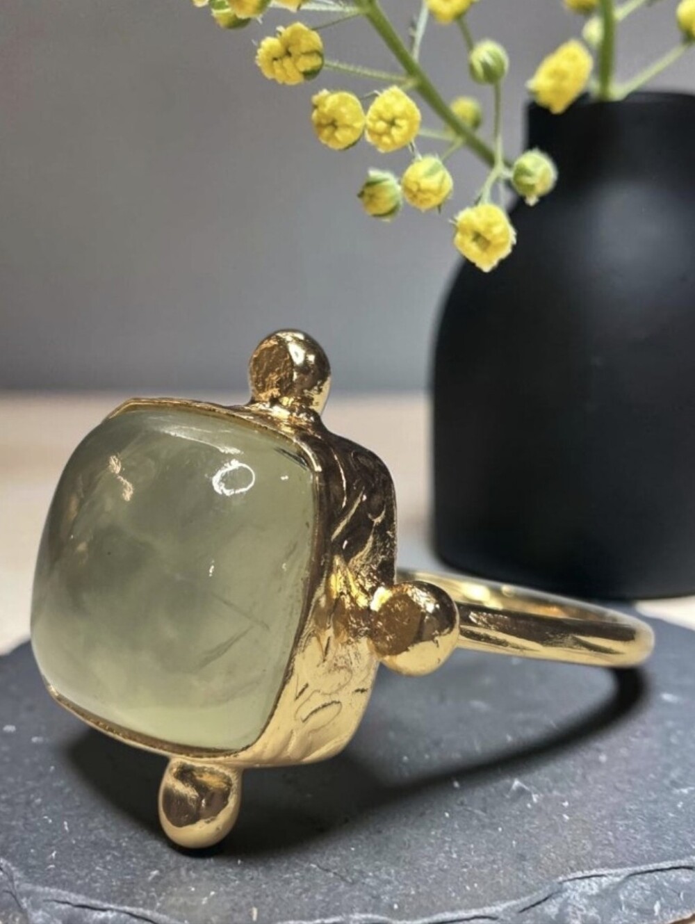 18k Gold Plated Artisan Designer Genuine Prehnite Crystal Stone Byzantine Ring